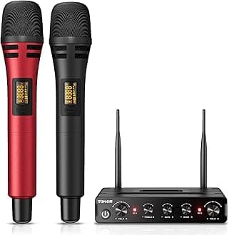TONOR Wireless Microphone Systems, UHF Cordless Karaoke Microphones, Handheld Dynamic Mic Microfono Kit with Receiver for Karaoke, Singing, Church, Adjustable Frequencies, 200ft Range TW350 Black&Red