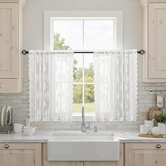 Kotile Short Lace Curtains 36 Inch Length 2 Panels Set, Country Rustic Floral Lace Kitchen Window Curtains Over Blinds, Rod Pocket Privacy Vintage Sheer Lace Café Curtains, Each 52 x 36 Inch, Ivory