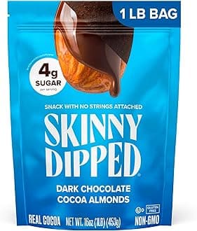 SkinnyDipped Dark Chocolate Cocoa Almonds, 1lb Bag, Healthy Snack, Plant Protein, Gluten Free, Pack of 1