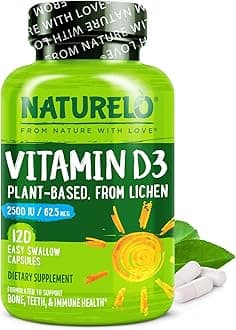NATURELO Vitamin D - 2500 IU - Plant Based from Lichen - Natural D3 Supplement for Immune System, Bone Support, Joint Health - Vegan - Non-GMO - Gluten Free - 120 Capsules
