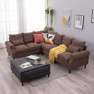 Panana L Shape Sectional Corner Sofa, 3 Seater & 2 Seater Corner Couch, Upholstered Fabric with Solid Wood Legs and CUshion Backrest For Living Room Lounge (Chocolate Brown, Scroll Arm)