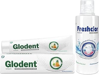 Glodent Teeth Whitening and Stain Removal Toothpaste 70g Pack of 1 | Natural Extract Toothpaste with Xylitol, Neem, Meswak, Pineapple and Papaya | Plaque Removal, Gum Care, Anti Cavity, Vegan Toothpaste & Freshclor Antimicrobial Mouthwash Combo Pack | Bad Breath Remover, Mint Flavour Alcohol Free Mouthwash (200ml)