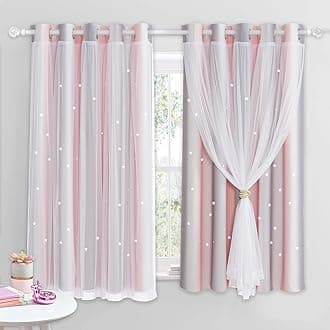NICETOWN Kids Blackout Curtains Voile - Eyelet Top Thermal Insulated Curtains Light Blocking Filter Window Star Curtain for Kids Girls Nursery Bedroom, Grey Pink, 2 Panels, W90 x L54 Inch (228x137 cm)
