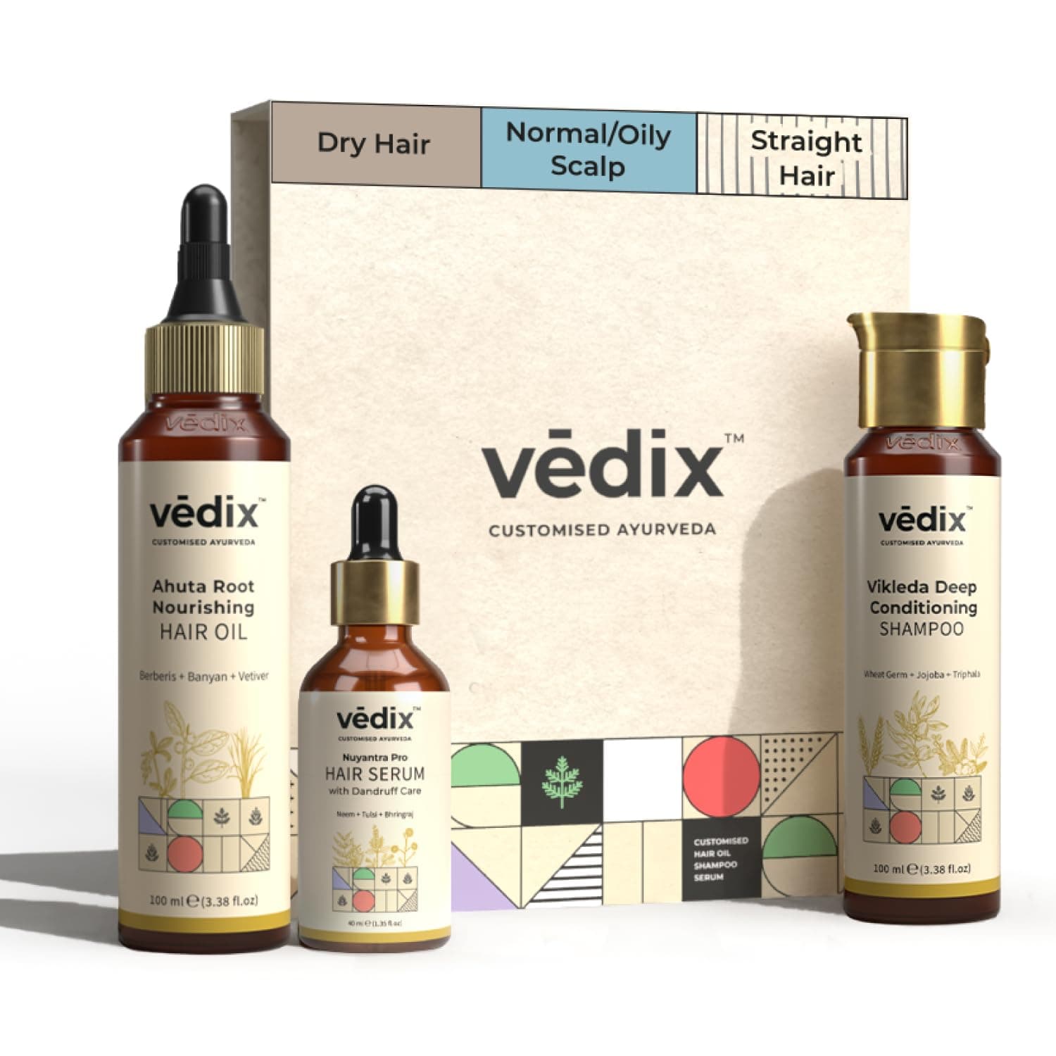 Vedix Customized Dandruff Hair Fall Control Regimen For Dry - Normal/Oily Scalp & Straight Hair, 3 Product Ayurvedic Care Kit With Oil, Shampoo, Growth Serum
