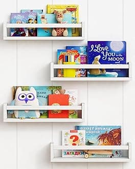 Forbena Floating Nursery Book Shelves for Wall Set of 4, White Wall Bookshelf for Kids Room, Small Wood Book Shelf Wall Mounted for Baby Teen Boys Girls Bedoom Bathroom Toy and Decor Storage