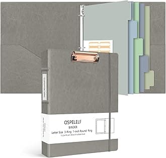 Ospelelf Vintage Hardcover 3 Ring 1 inch Leather Binding, Professional Binding Organizer Suitable for Letter Size (11 "x 8.5"), with 5 Tab Dividers, Clipboard Design, Faux Gray Leather