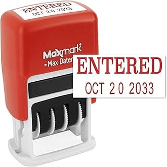 Maxmark Max Dater Self-Inking Phrase Date Stamp - Red Ink ENTERED