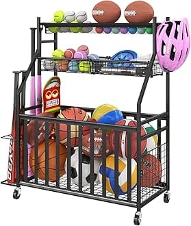 Garage Sports Equipment Organizer,Sports Ball Organizer with Wheels,Mesh Pocket, Basket,Ball Organizer with Baseball Bat Rack and HooksToy Storage Rolling Cart-Black