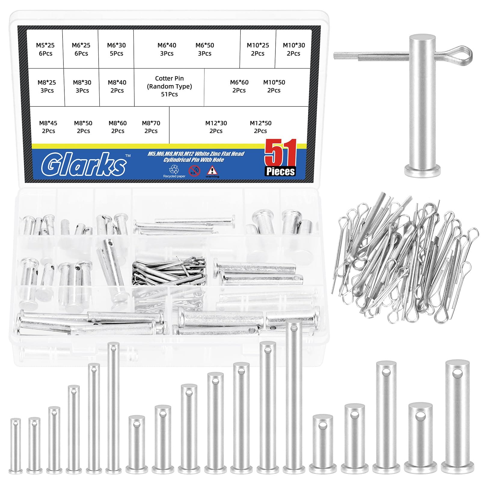Glarks 51pcs 18 Sizes Single Hole Flat Head Clevis Pins Set, M5 M6 M8 M10 M12 White Zinc Clevis Pins, Link Hinge Pins for Furniture Installation Small Home DIY Project