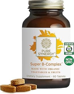 Super B-Complex | Vitamin B Complex Made with Organic Whole Foods | Vegan Supplement with Natural Vitamin B12, Niacin, and Folate | for Energy, Focus and Mood Support (60 Tablets)