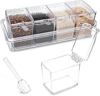 XJMWXHFC Clear Seasoning Box, 4 Pieces Seasoning Rack Spice Pots, Storage Container Condiment Jars Acrylic Seasoning Box with Covers and Spoons for Spice, Sugar, Salt, Sugar, Cardamon, Cinnamon