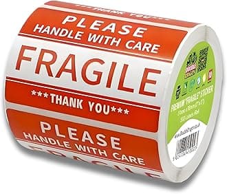 Double Dragon, 500 Labels, 2x3 Inch (50mm x 76 mm), Fragile Handle With Care Sticker, Red Warning Label for Packing Boxes, Strong Adhesive