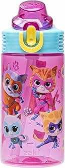 Disney SuperKitties Sage Kids Water Bottle For School or Travel, 16oz Durable Plastic Water Bottle With Straw, Handle, and Leak-Proof, Pop-Up Spout Cover (Ginny, Sparks, Buddy, Bitsy)