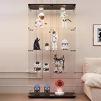 LFT HUIMEI2Y Glass Display Cabinet with LED Lights and Lock, 2 Door Curio Cabinets, Tempered Glass Collection Display Showcase for Bedroom, Living Room 65” Black