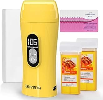 Digital Roll On Wax Kit,Honey Thermostatic Roller Waxing Kit for Sensitive Skin, Depilatory Soft Wax Warmer with 2 Cartridge Refill 10 Wax-removing wipes and 100pcs Wax Strips（Yellow）
