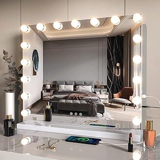 ZL ZELing ZELing Vanity Mirror Makeup Mirror with Lights,23.6" x 19.6"Large Tabletop Light up Mirror with 17Bulbs,10X Magnification,USB Charging Port,3 Color Touch Control Dimmable Lights.