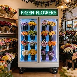 Commercial Flower Refrigerator Floral Display Cooler,White 2 Glass Doors Fridge With LED Light Adjustable Shelves,ETLSanitation Approval,42.5Cu Ft,47.2" Wide, Wheels Included
