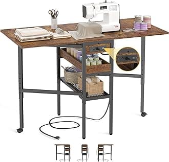 Folding Sewing Cutting Table with Charging Station, Height Adjustable Craft Table with Storage, 50" Foldable Fabric Cutting Tables for Sewing Room Craft Room, Rustic