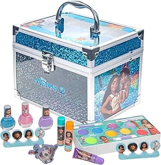 Townley Girl Moana 2 Cosmetic Train Case Filled with Makeup Includes Lip Gloss Eye Shimmers Brushes Nail Polishes Accessories For Girls Ages 3+, Perfect for Parties Sleepovers Makeovers