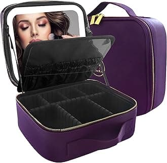 MOMIRA Makeup Bag with Mirror and Light Travel Makeup Train Case Cosmetic Bag Organizer Portable Artist Storage Bag with Adjustable Dividers Makeup Brushes Storage Organizer Deep purple, Deep purple