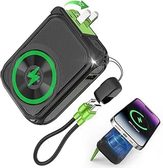 P05 Portable Charger, Magnetic Power Bank, Small Wireless PowerBank, Battery Pack10000mAh Travel Essentials Fast Charging with Built in Cable, Foldable Wall Plug for iPhone,Samsung,Andriod