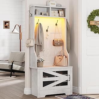 Itaar Hall Tree with Bench and Shoe Storage, 5-in-1 Entryway Bench with Coat Rack, 5 Shoe Cubbies & 5 Coat Hooks, Barn Door & Adjustable Shelf (Embossed White)