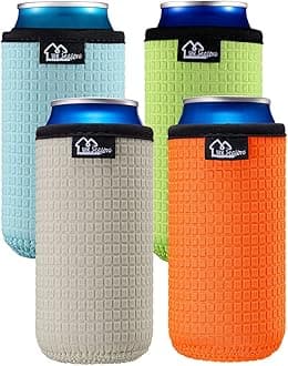 12oz Slim Can Sleeves Insulators Neoprene Slim Can Covers 12OZ Beer Bottle Sleeves Coolers Holder Non-slip Neoprene Can Coolier Sleeves 4PC Pack (12OZ slim, Green/Orange/Grey/Light Blue)