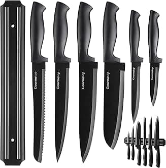 Gourmetop Kitchen Knife Set with No Drilling Magnetic Strip for Kitchen Black Titanium Small Cooking Knives, Sharp Stainless Steel Chef Knife Set for Cutting Meat & Vegetable