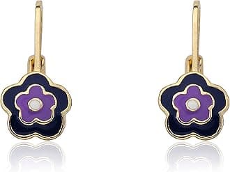 Little Miss Twin Stars Frosted Flowers 14K Gold Plated With Brightly Colored Enamel Flower Leverback Earring Accented With Denim Center