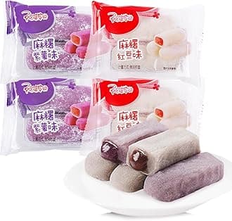 KWOLYKIM Mochi Rice Cake, Rice Cake Traditional Pastry Snack and Dessert Soft Mochi Red Bean and Purple Sweet Potato Flavor Individually Wrapped Daifuku for Office and Leisure Time 240g/8.47oz Pack of 4
