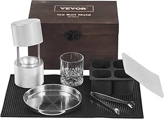VEVOR Ice Ball Press Kit, Aviation Aluminum Press With Block Mold, Large Mat, Tong, Drip Tray, Glass, Round Maker 2.4"/60 mm Sphere, for Whiskey, Cocktail on Party & Holiday