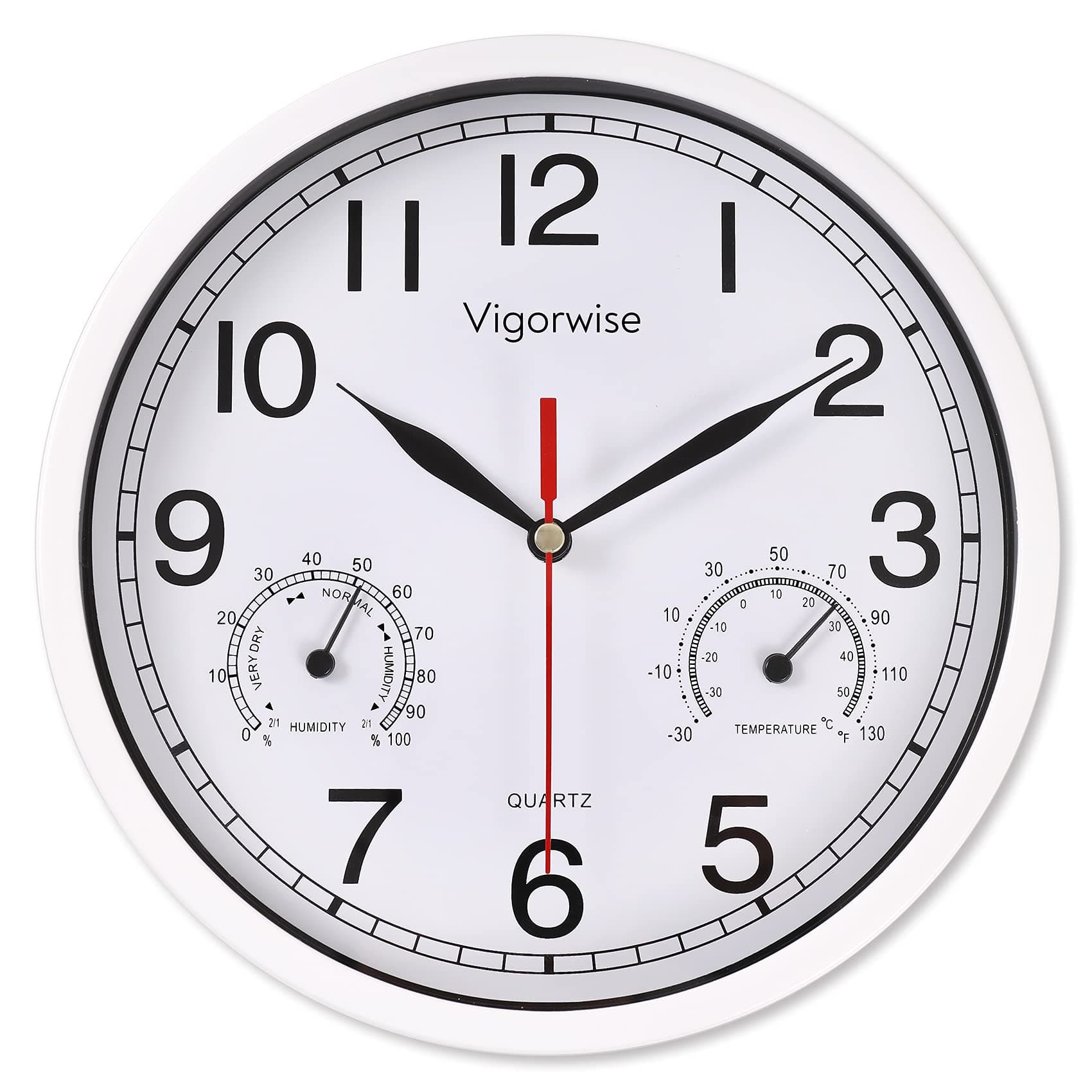 8 Inch White Wall Clock, Sweep Silent Movement Accurate Clocks with Temperature & Humidity, Decorative for Kitchen/Living Room/Bedroom/Office/School/Classroom