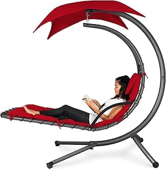Best Choice Products Outdoor Hanging Curved Steel Chaise Lounge Chair Swing w/Built-in Pillow and Removable Canopy - Red