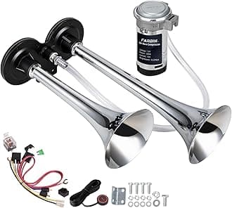 FARBIN Car Horn 12V 150db Super Loud Air Horn, Chrome Zinc Dual Trumpet Air Horns, Truck Horn with Compressor Wire Harness and Button, for Any 12V Vehicles