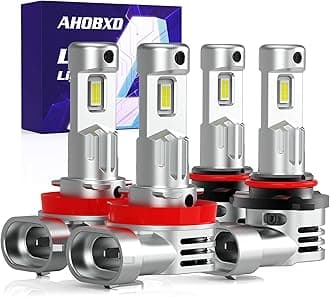 AHOBXD 9005 H11 LED Bulbs Combo,Upgraded 900% 90000LM Brightest 1:1 Halogen Size H11 9005 Bulbs with Cooling Fan 80000hours Lifespans Super Bright H11 9005 Fog Light Bulbs(Pack of 4)