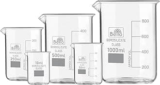 Bello Borosilicate 3.3 Glass Beaker 10 ml, 50 ml, 250 ml, 500 ml, 1000 ml with Graduation Marks, Set of 5 Beakers for school collage chemistry lab laboratory