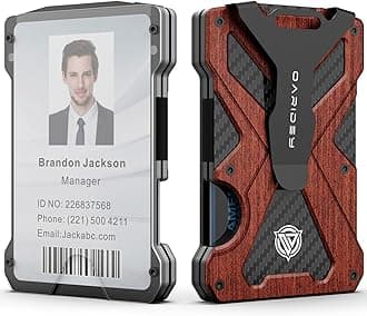 Minimalist Wallet for Men- Slim Aluminum Metal Money Clip Wallet with Clear ID Card Holder, Carbon Fiber Wallet, RFID Blocking,Holds up 15 Cards with Cash Clip,Ultra-Thin Tactical Wallet - Rosewood