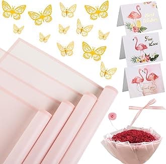 20 Sheets Flower Wrapping Paper - Waterproof Floral Bouquet Wrapping Paper, Florist Supplies with 3D Gold Butterfly Decor（Translucent Pink)