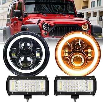 JHLion 3000% Super Bright 7" LED Headlights (Black) + Work Lights Combo for Jeep Wrangler JK JKU LJ TJ CJ 2007–2017 – Halo DRL, Plug & Play, High Visibility Off-Road Lighting Upgrade Kit