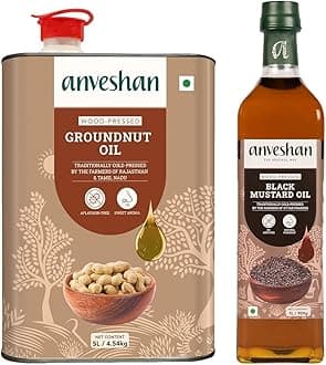 Anveshan Combo of Wood Pressed Groundnut Oil 5L and Black Mustard Oil 1L | Kolhu/Kacchi Ghani/Chekku | Natural | Chemical-Free | Cold Pressed Oil for Cooking