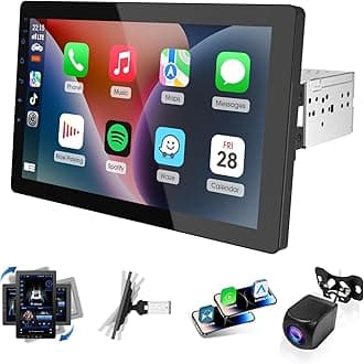 10.1 Inch Single Din Radio Car Stereo,Support Wireless CarPlay and Android Auto,360 Rotatable Screen with 1080P Rear Camera,Mirror Link|Bluetooth|Music Play|AUX|FM/AM|SWC,Android Car Radio