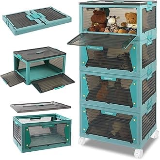 Rainberg Large Storage Boxes with Lids, Strong & Sturdy Plastic Storage Boxes, Stackable Nestable Container for Home & Office use. (Blue & Grey, 4 Tier 320L Storage)