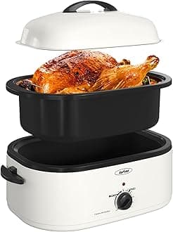 Roaster Oven with Self-Basting Lid, 18qt Electric Roaster with Removable Pan & Rack, Turkey Roaster Oven with Defrost & Warm Function, Stainless Steel, White