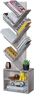 SUNMORY 6 Tier Tree Bookshelf, Tall Bookcase with Storage Cabinet, Modern Narrow Bookshelves Organizer, Floor Standing Book Shelf for Bedroom/Living Room/Home Office/Corner, Grey