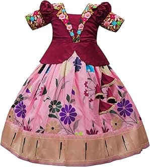 Satin New South Indian Traditional Collar Digital Pattu Pavadai Readymade Lehenga Choli For Girl's Dress