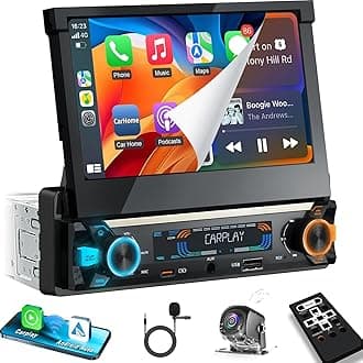 【SOOEMAKA】 Single Din Touchscreen Radio with Wireless Carplay&Android Auto,7 inch QLED Motorized Flip Out Car Stereo Upgrade Type-C Fast Charging/Dual WiFi/Bluetooth 5.1/AM/FM/DSP (US) (Flip)