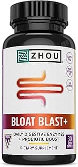 Zhou Nutrition Bloat Blast+ Digestive Enzymes with Probiotics, Bloating Relief for Women and Men, Reduce Water Retention and Improve Digestive Health, Vegan, Non-GMO, Gluten Free, 30 Servings
