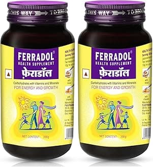 Ferradol syrup 200gm, daily health supplement with Iron, vitamins A, B1, B2, B3 and D3, Calcium, Zinc, helps maintain haemoglobin and supports immunity, Pack of 2