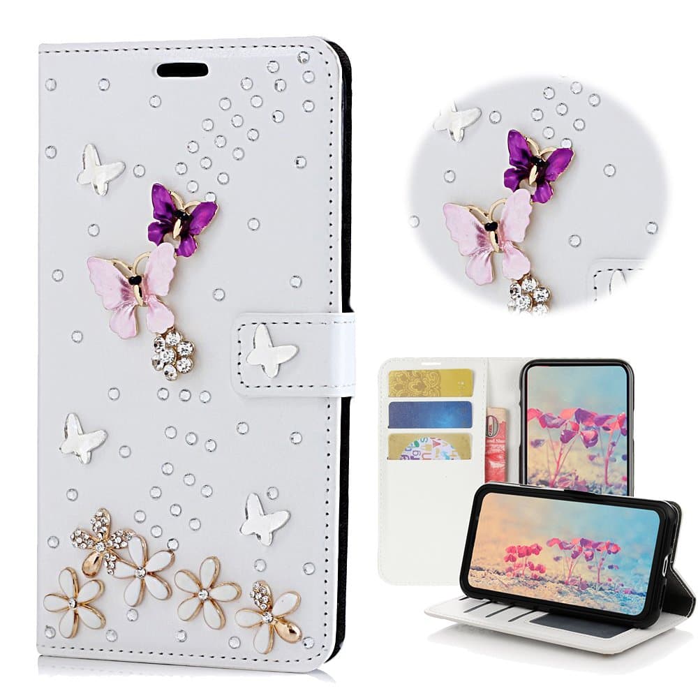 STENES Bling Case Compatible with BlackBerry KEY2 LE Case - 3D Handmade Crystal S-Link Butterfly Floral Wallet Credit Card Slots Fold Stand Leather Cover - White
