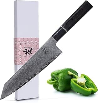 Chef's Knife, 8 Inch Black VG10 Sharp Damascus Profession 67-Layer High Carbon Stainless Steel Kitchen Knife, with Ergonomic Non-slip Wood Grain Handle and Luxury Gift Box